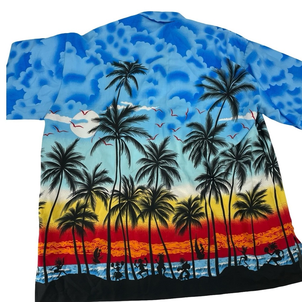Happy Bay Men's Shirt Button Down Tropical Sunset Blue Multi-Color XL - Picture 2 of 5